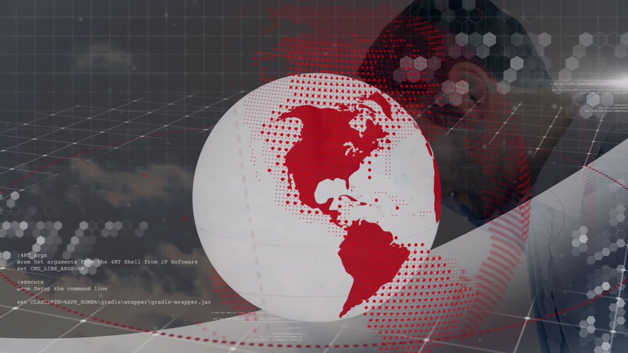 animación de datos y globo sobre cansado hombre de negocios caucásico
