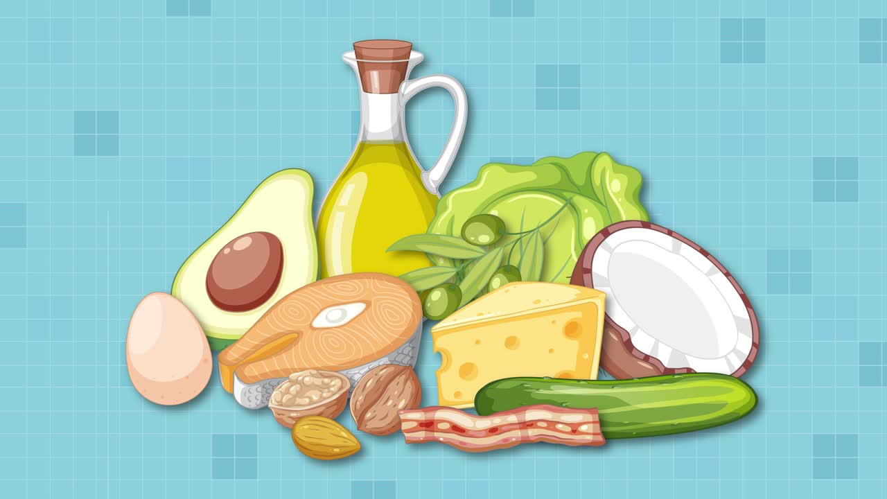 Animated healthy food items assemble smoothly on blue background, highlighting nutrition, variety, and freshness