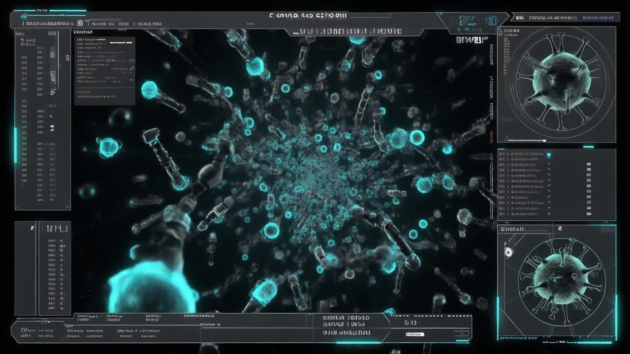 Futuristic Digital Interface Analyzing Microscopic Viruses