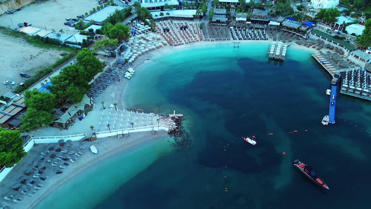 Ksamil Albania holiday destination turquoise blue water aerial drone empty beach