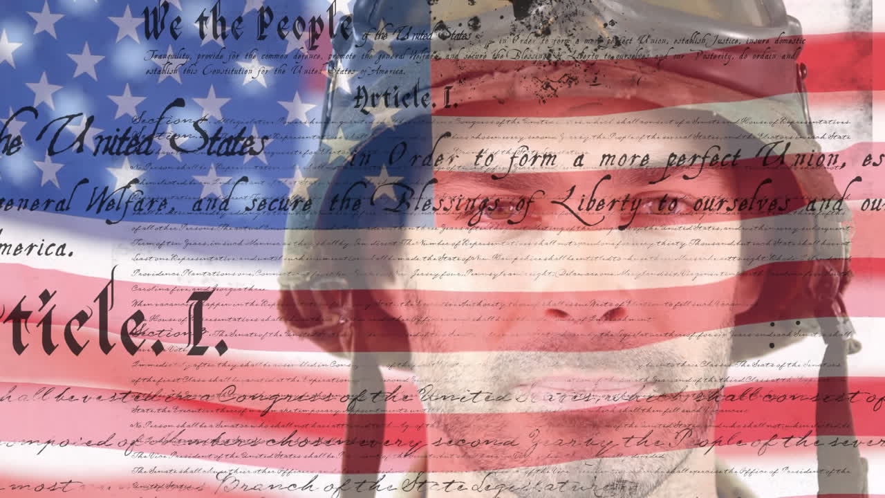 미국 헌법 텍스트의 디지털 복합 비디오 미국  ⁇ 발과 미국 병사 흔들기에 반대