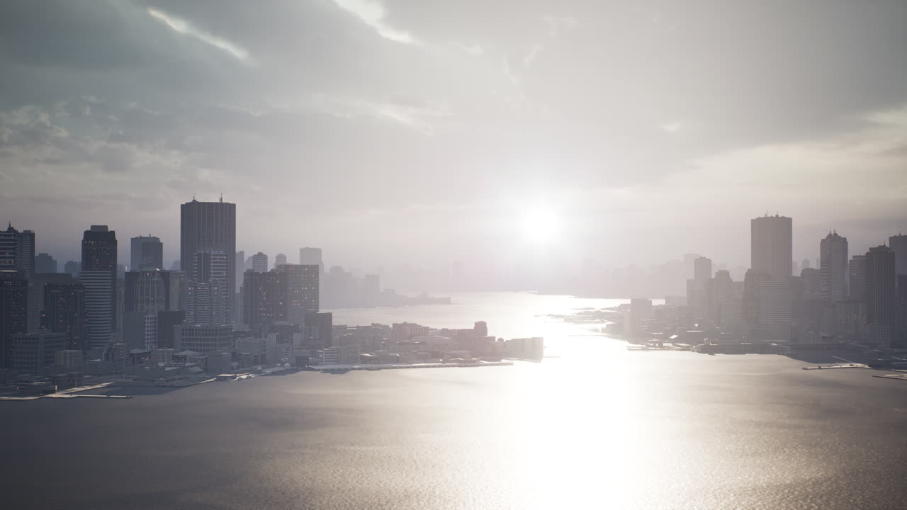 해가 지는 시점 에 초고층 건물 들 이 있는 스카이라인 공중 뷰