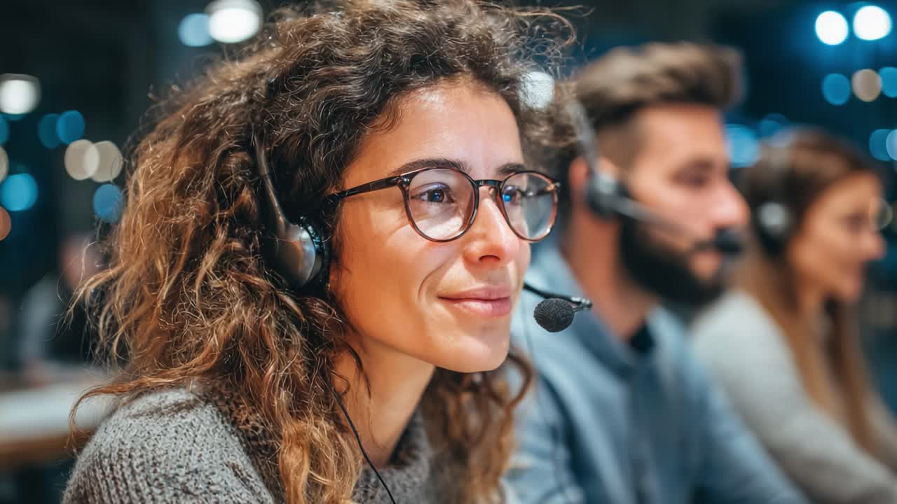 Focused Customer Service Representative Engaging with Clients Through Headset in Dynamic Office Environment, Providing Support and Assistance with a Smile and Professionalism