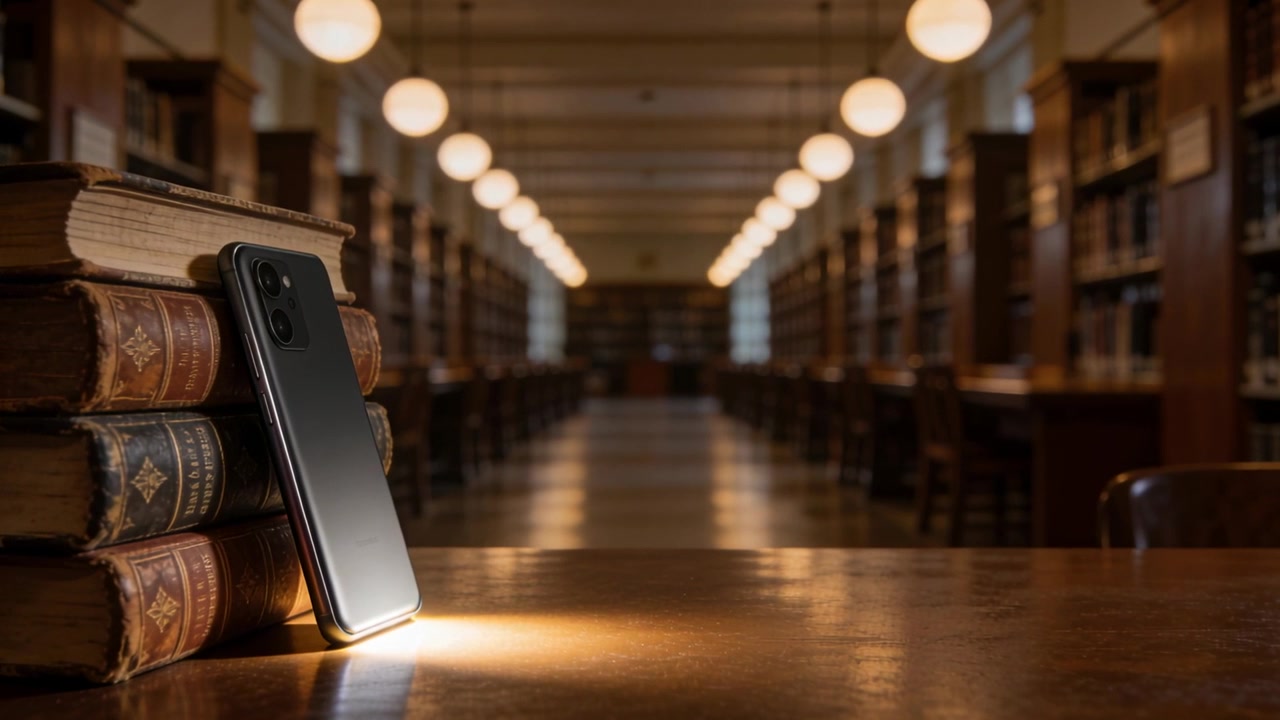 Panning camera highlighting phone with warm glow in library by 3 leather books, copy space