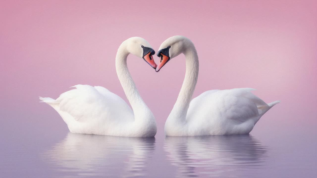 Two swans form a heart shape on a serene lake at sunset. Captured from a low angle, the video style