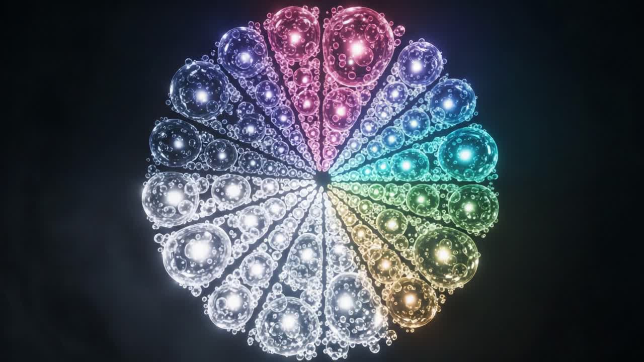 A Spectacular Display of Colorful Bubbles Arranged in an Intricate Circular Pattern, Showcasing Dynamic Light Refractions and Visual Harmony