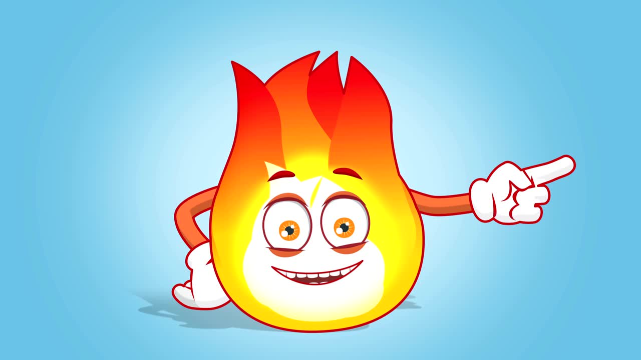 llama de fuego de dibujos animados puntero derecho feliz con animación de cara alfa mate