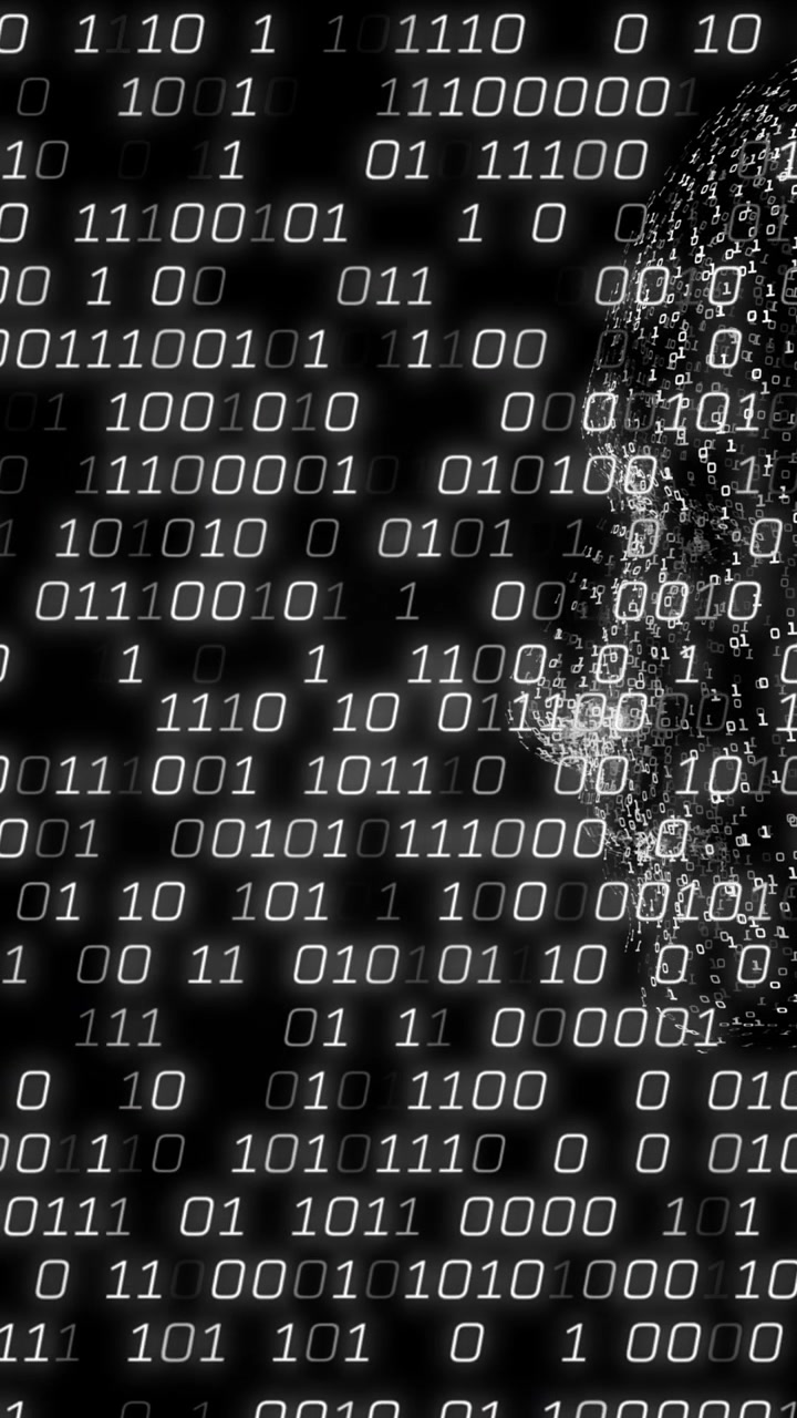 Animation of binary coding and data processing over human head