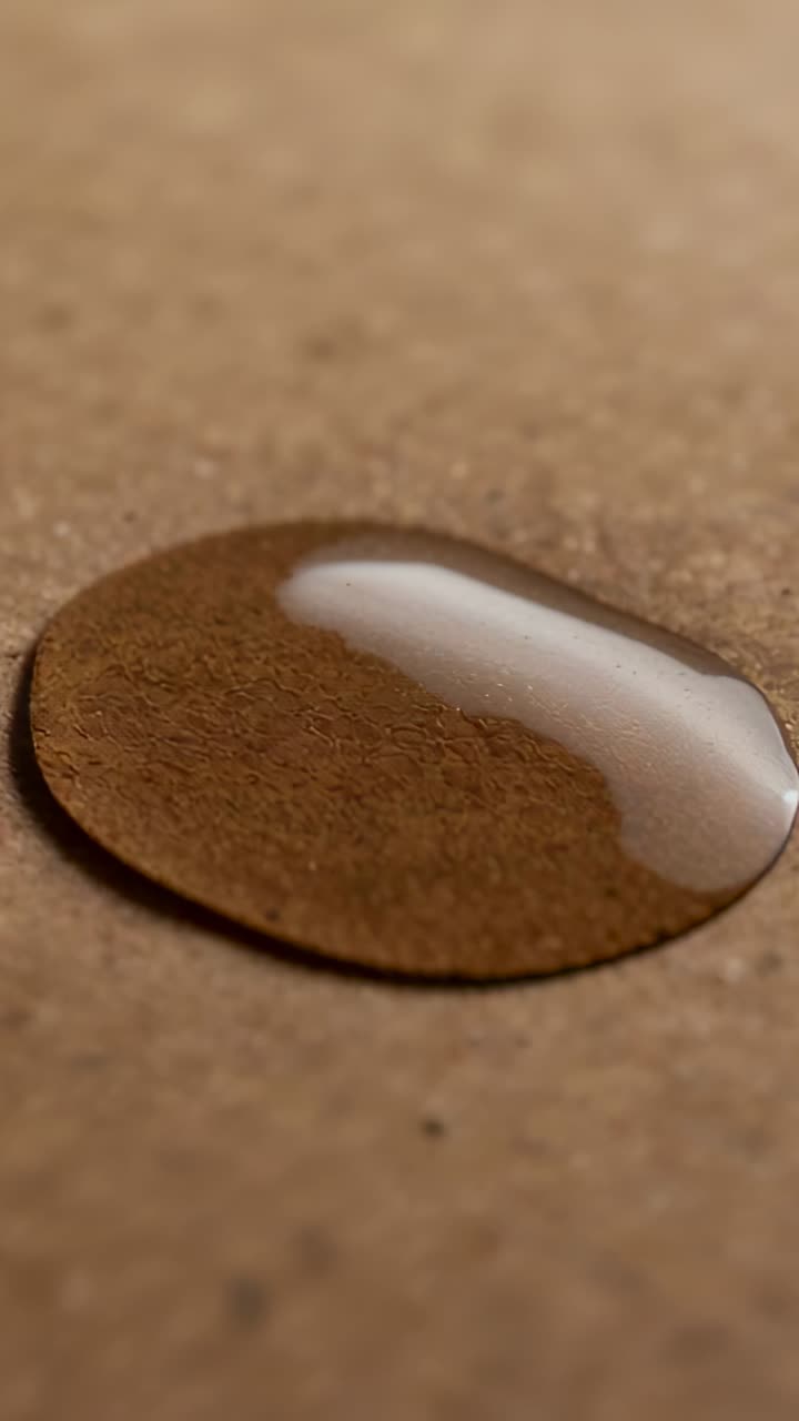 Vertical video: Shifting light causing clear droplet changing shape and highlight on coarse sheet