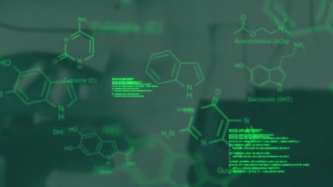 Green-data-moving-over-defocussed-image-of-chemistry-flasks