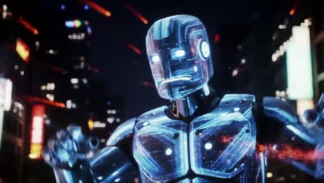 a futuristic cityscape featuring a gleaming robotic figure displaying advanced technology amidst a dazzling urban night scene