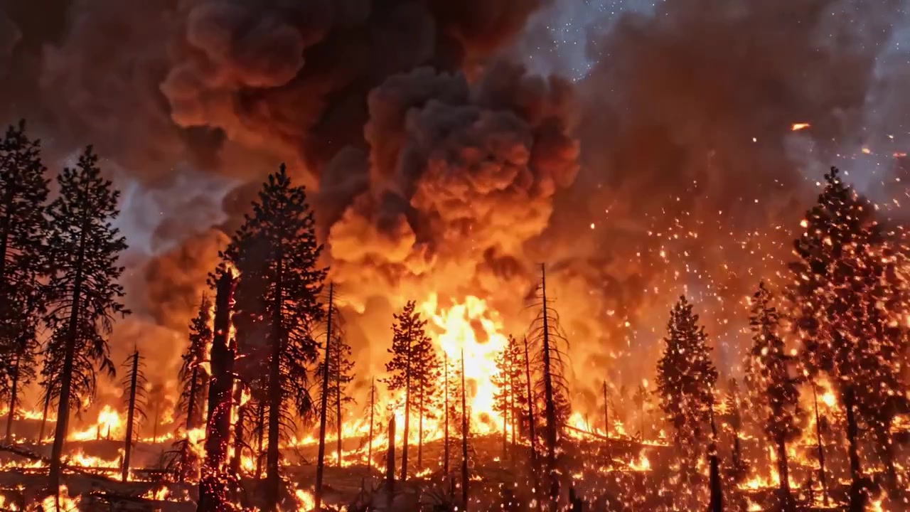 Un devastante incendio boschivo avvolge il paesaggio forestale di notte, mostrando fiamme intense e fumo denso contro il cielo stellato in una terrificante dimostrazione della furia della natura.