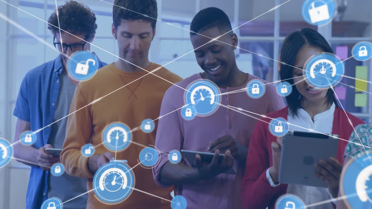 Using tablets, diverse group in school with animation of digital security icons