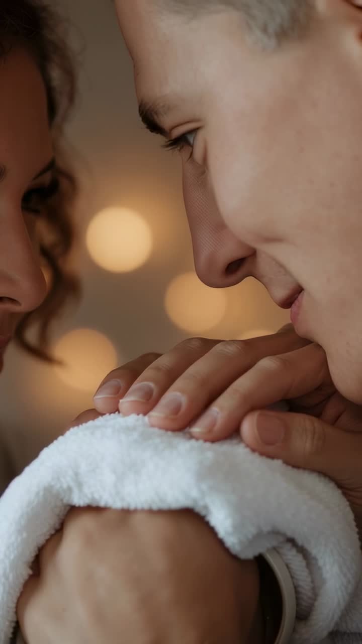 Video verticale: rendering di un fascio di asciugamani con coppia appoggiata che si sporge in avanti, mani appoggiate e sorridente, vicino a un bokeh domestico