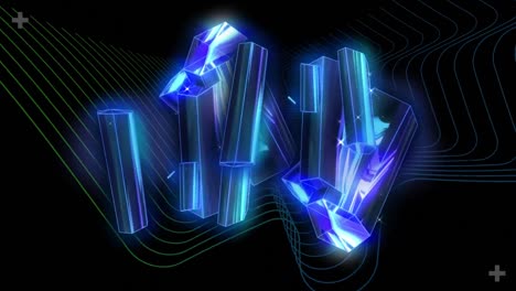 animación de bloques brillantes azules en 3d que giran sobre un fondo oscuro