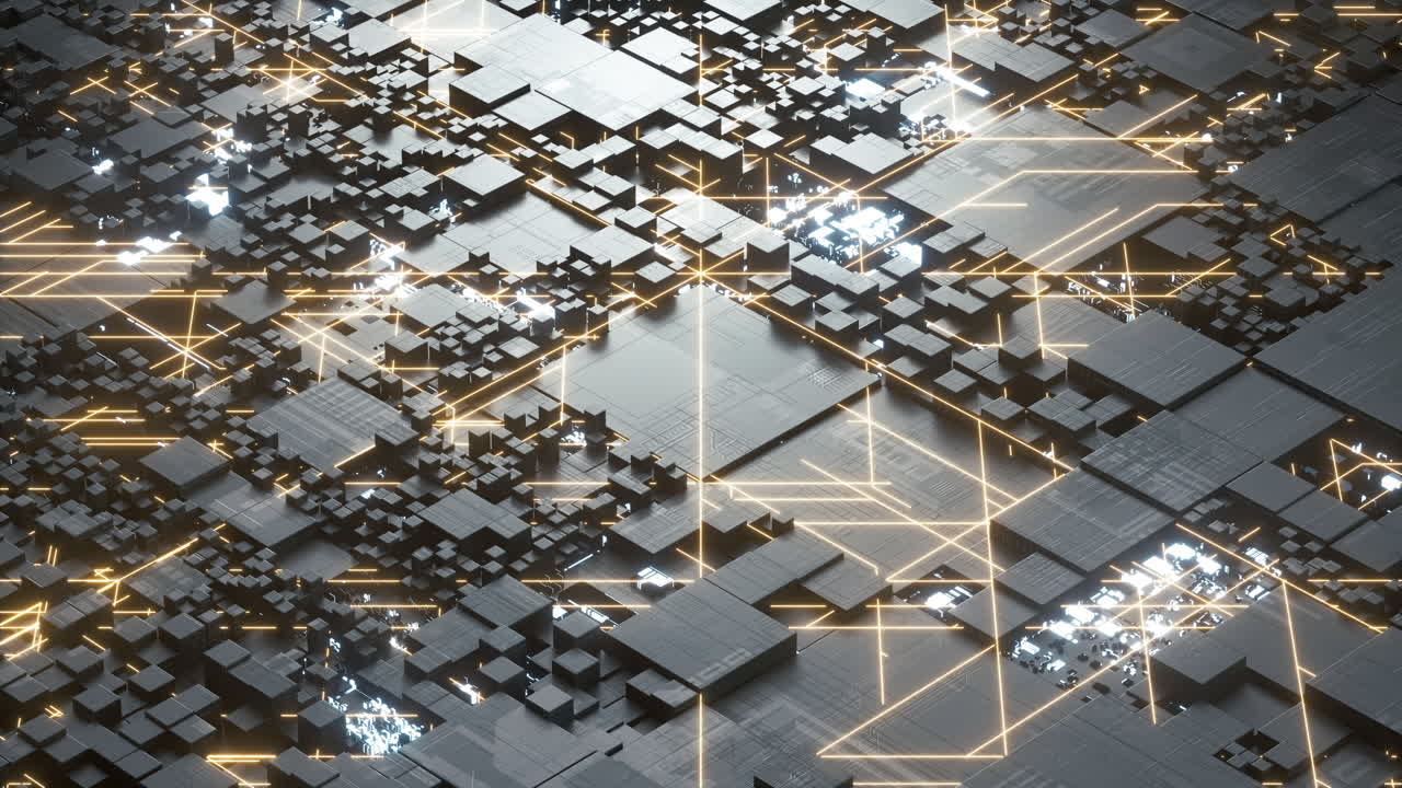 회로와 큐브, 어두운 배경, 3d 렌더링