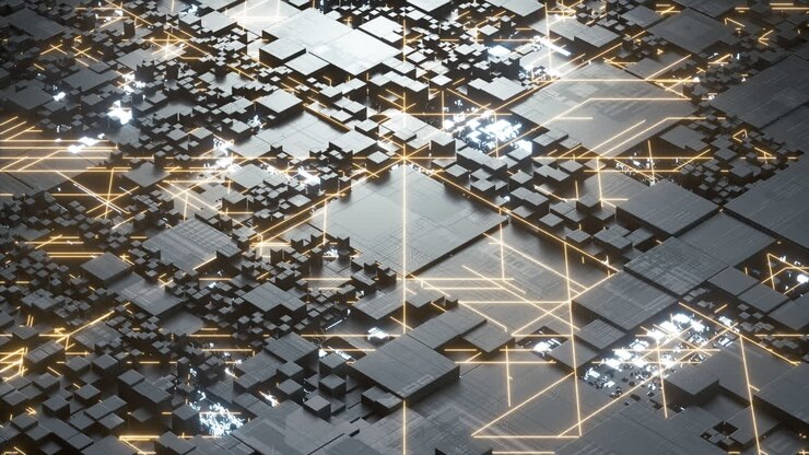 Circuits and cubes with dark background, 3d rendering.
