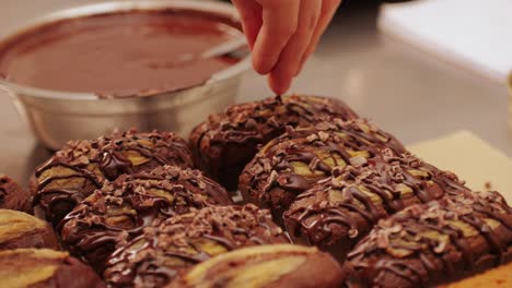 fresh bake double chocolate banana artesian bread in bakery shop close-up. artisan bread is making by skill bakers using natural and high-quality ingredients. food with health and flavour benefits. sweet breads for dessert and breakfast