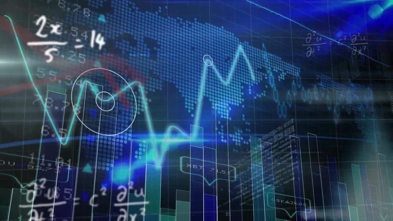 animazione di orologio su grafici, scheda di negoziazione ed equazione matematica contro la mappa in background