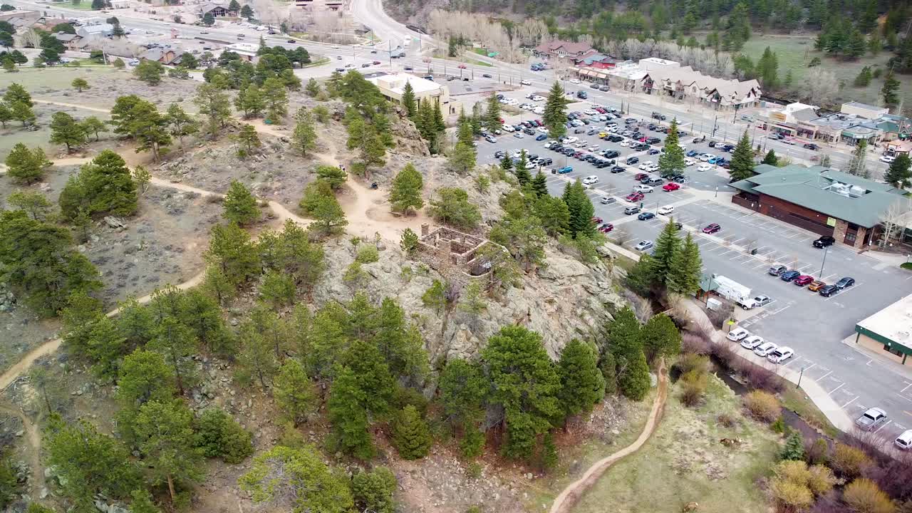 Aerial orbit of Knoll Willows open space in Estes Park, Colorado
