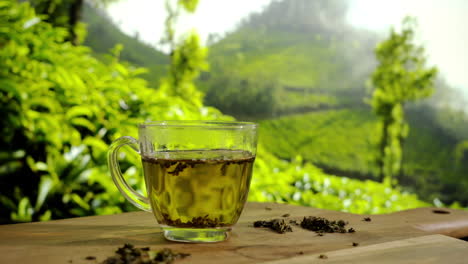 dropping green tea leaf into teapot on a wooden table