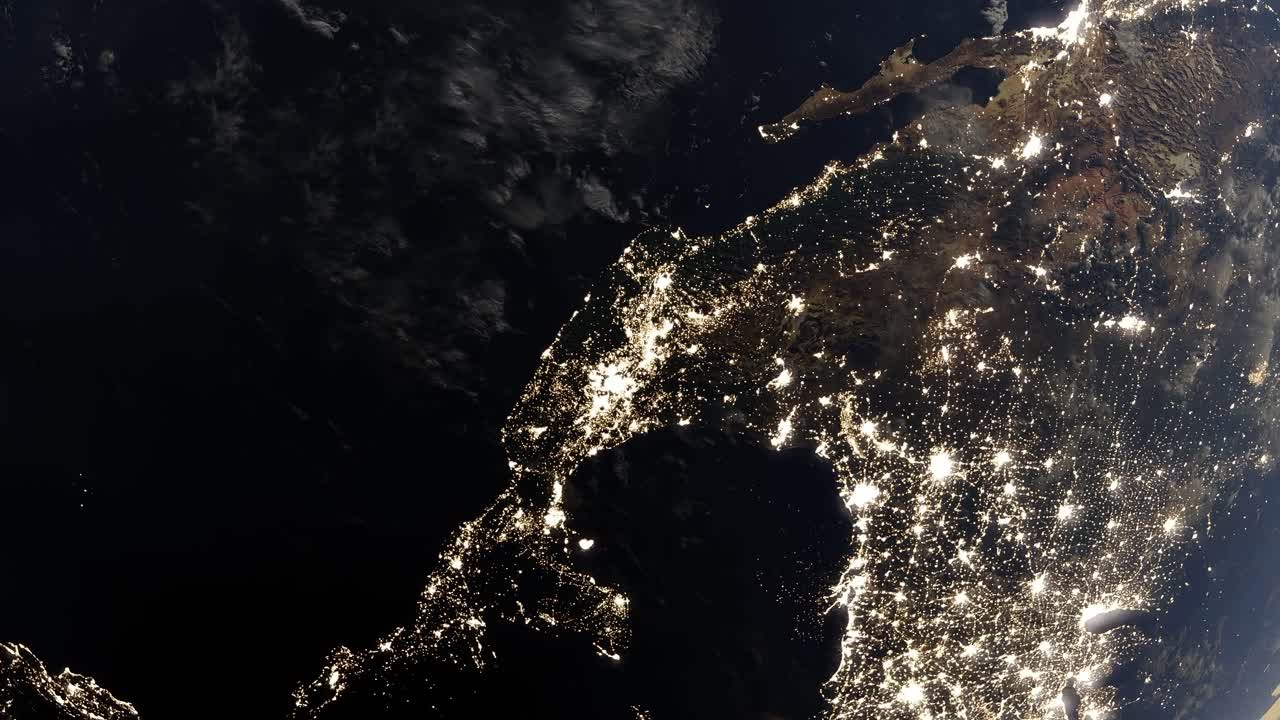 animación del planeta tierra girando con américa mapa de contaminación lumínica que muestra la capital principal conectada desde el espacio, vista desde el espacio animación de renderización 3d