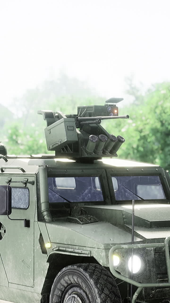 Military vehicle stationed under bright sunlight in a serene park setting