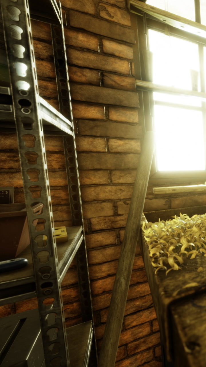 Sunlight illuminating a rustic room filled with shelves and natural elements