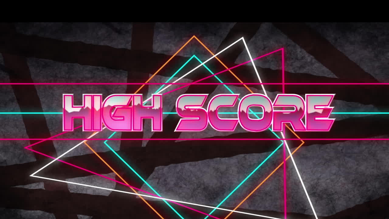 animación de texto de alta puntuación sobre formas geométricas coloridas sobre fondo oscuro
