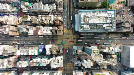 Downtown-Hong-Kong-buildings,-Crosswalk-and-traffic,-High-altitude-aerial-view