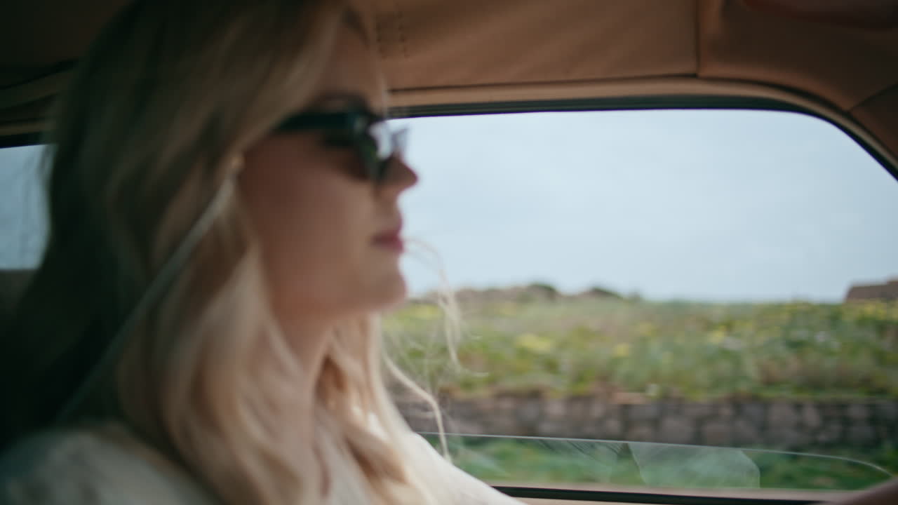 Woman tourist riding car stretch hand in open window close up. Driver travelling