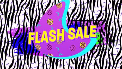 animation of flash sale text in yellow letters over brightly coloured zebra retro pattern