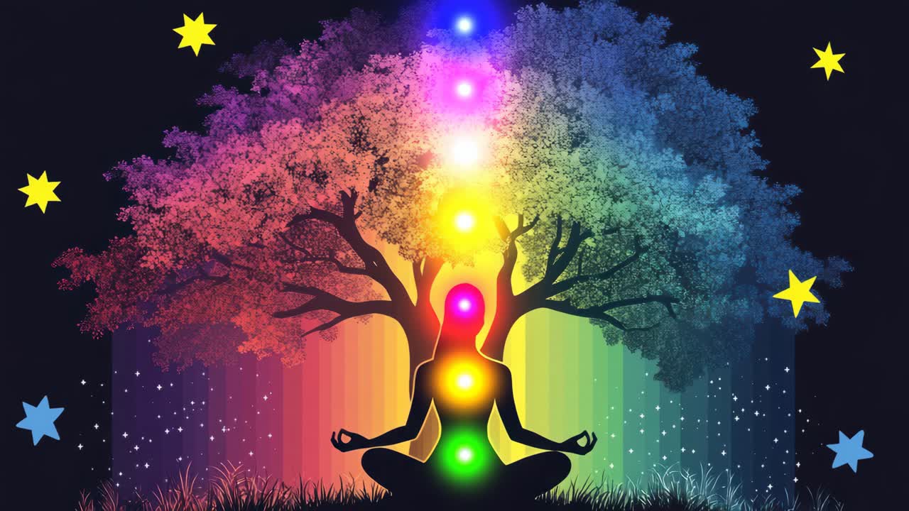 Silhouette of a person meditating under a rainbow-colored tree, viewed from the side