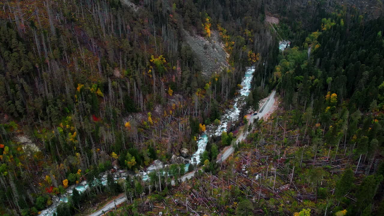 Autumn Mountain River and Road Aerial View