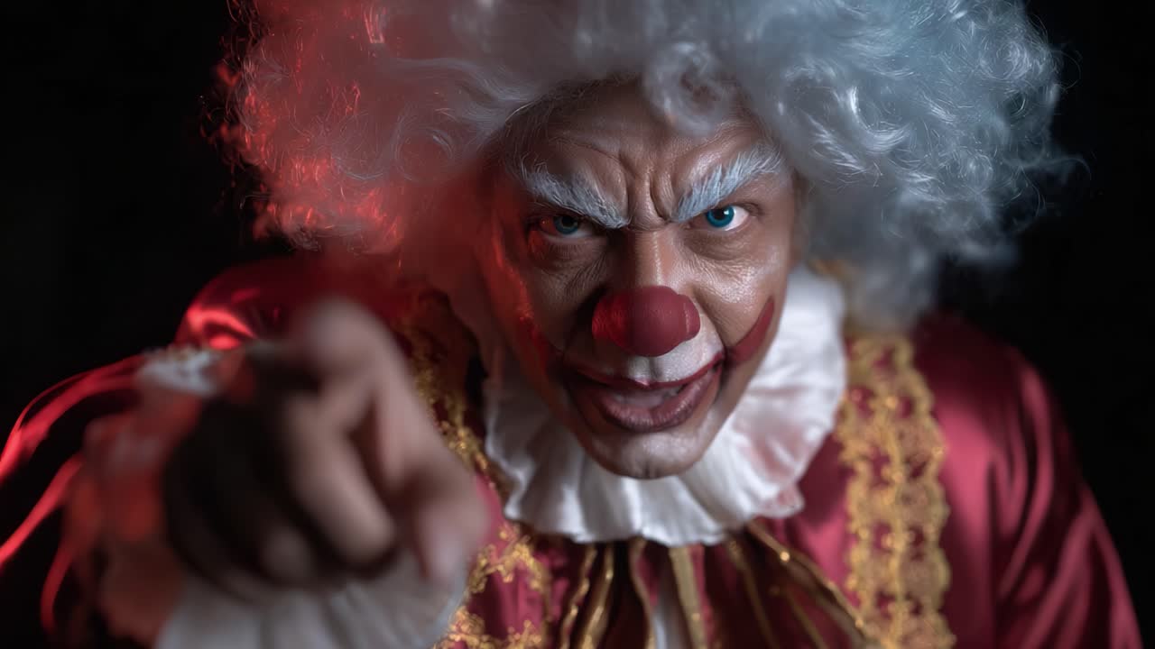 Intense Clown Portrait – A Dramatic Depiction of a Menacing Jester with Striking Features and Bold Expression in a Dark Setting, Capturing the Essence of Fear