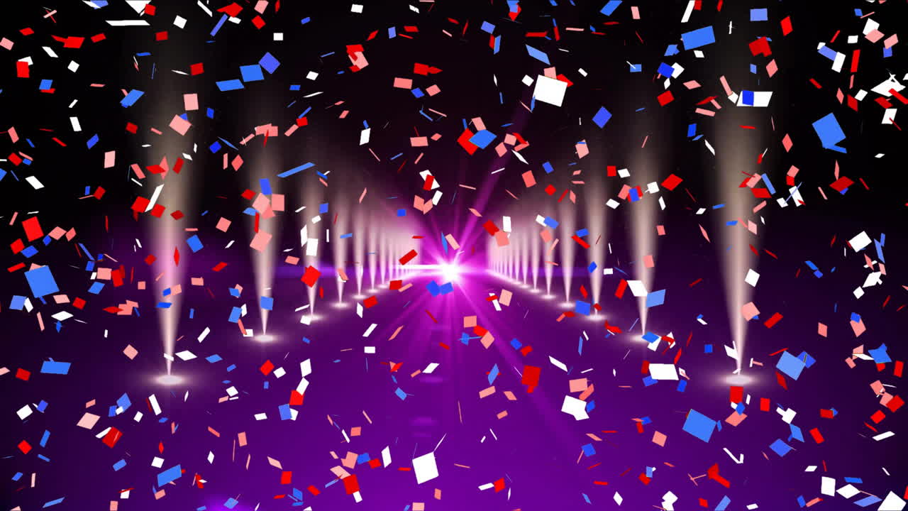 빛나는 스포트라이트와 보라색 배경에 떨어지는 콘페티의 애니메이션