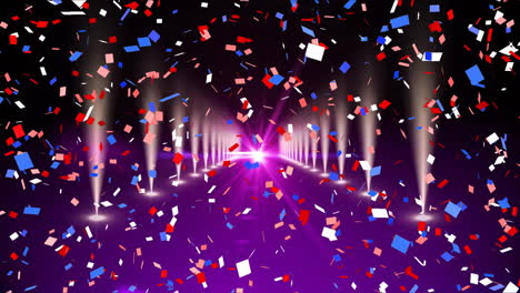 animation of glowing spotlights and confetti falling over purple background