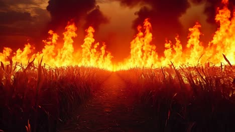 a field of corn on fire with a path leading to the horizon