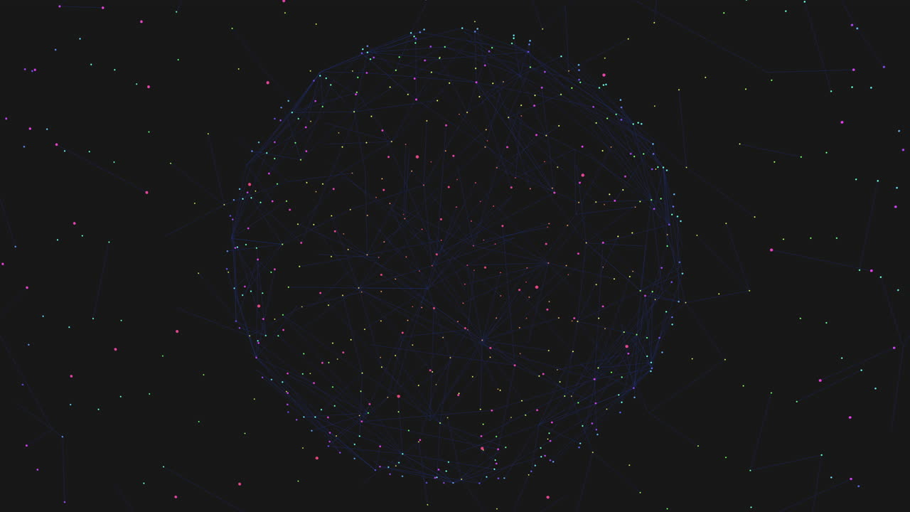 Motion neon futuristic dots from big sphere on dark space