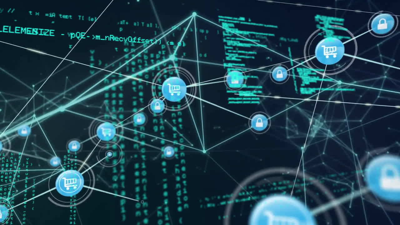 animación de iconos conectados sobre lenguaje informático y puntos conectados sobre fondo negro