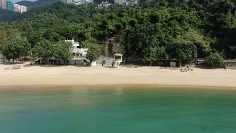 Empty-public-beach-in-Hong-Kong-due-to-Covid19-lockdown-guidelines,-Aerial-view