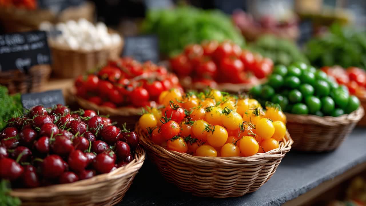 Vibrant Display of Fresh, Colorful Tomatoes in Rustic Baskets Showcasing Varieties Such as Red, Yellow, and Green at a Bustling Market Stand