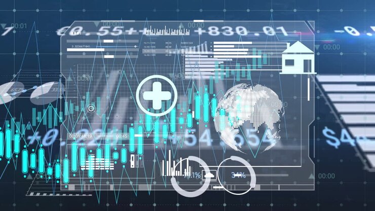 Animation of financial data processing over grid and dark background