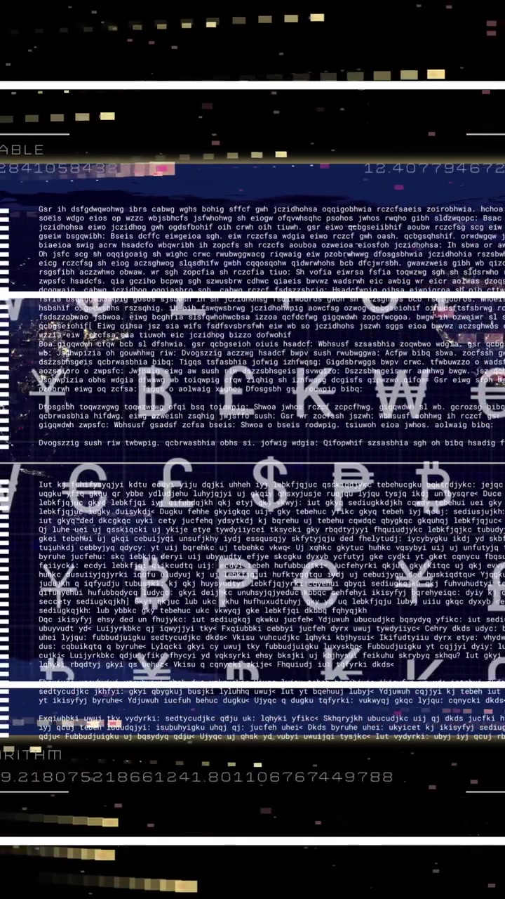 Animation of currency symbols and data processing over black background