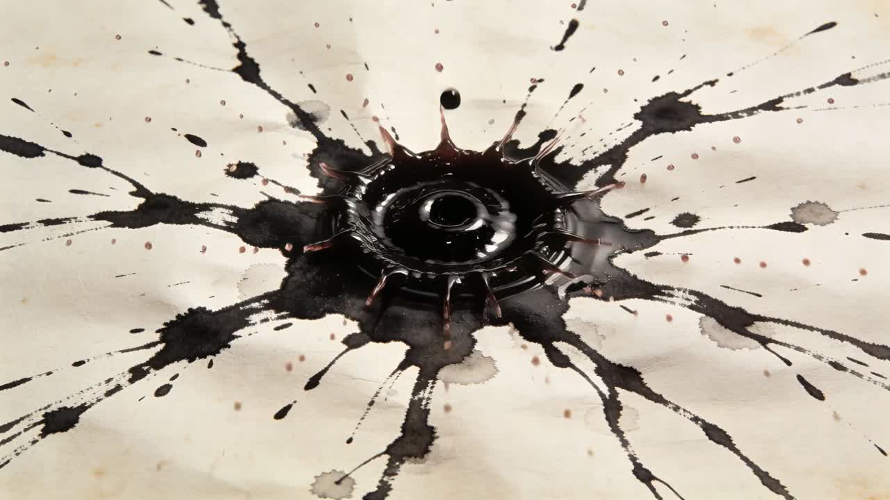 Goccia di inchiostro scuro che impatta formando una corona, espellendo uno spruzzo, un getto che sale mentre la tensione si bilancia sulla carta.