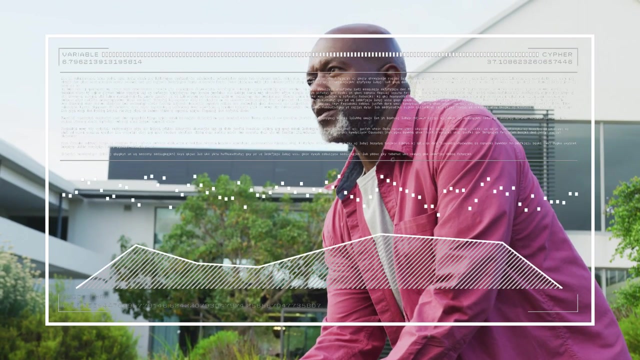Mature man walking in leaning on railing and observing courtyard as animated property chart rising