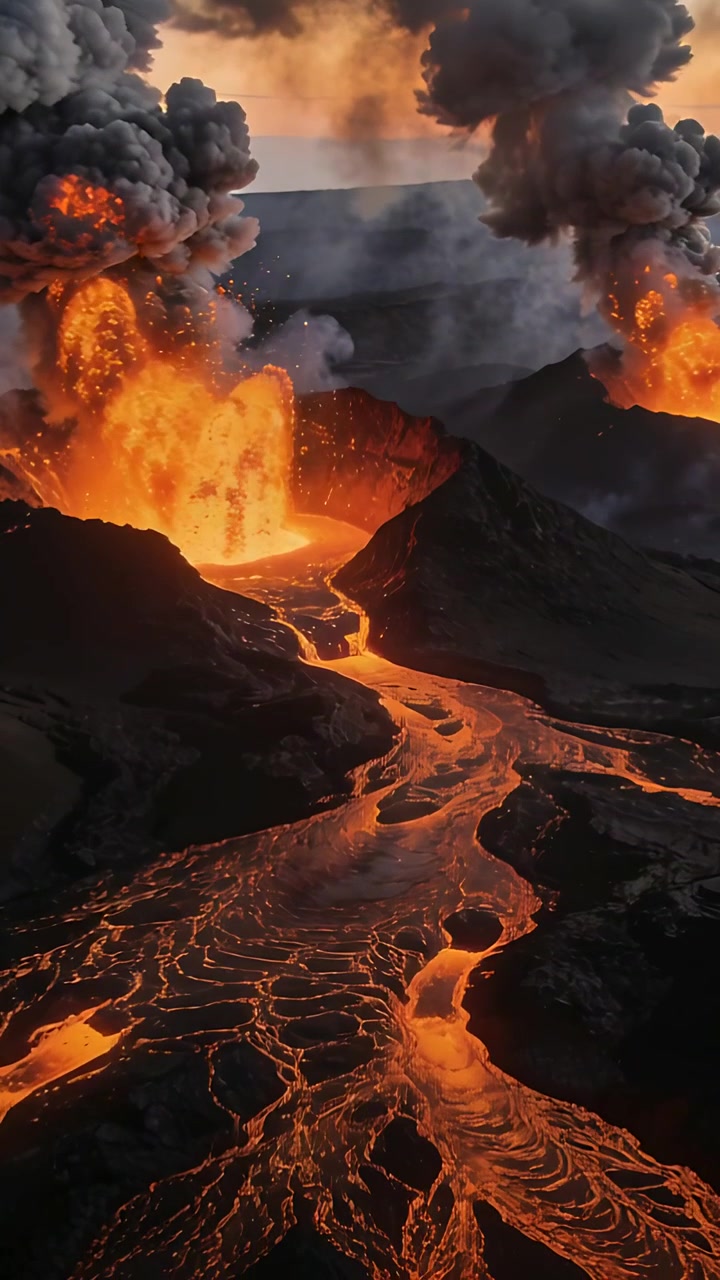 Vertical video: Eruption starting vents spraying lava and feeding braided flow at crater with ash