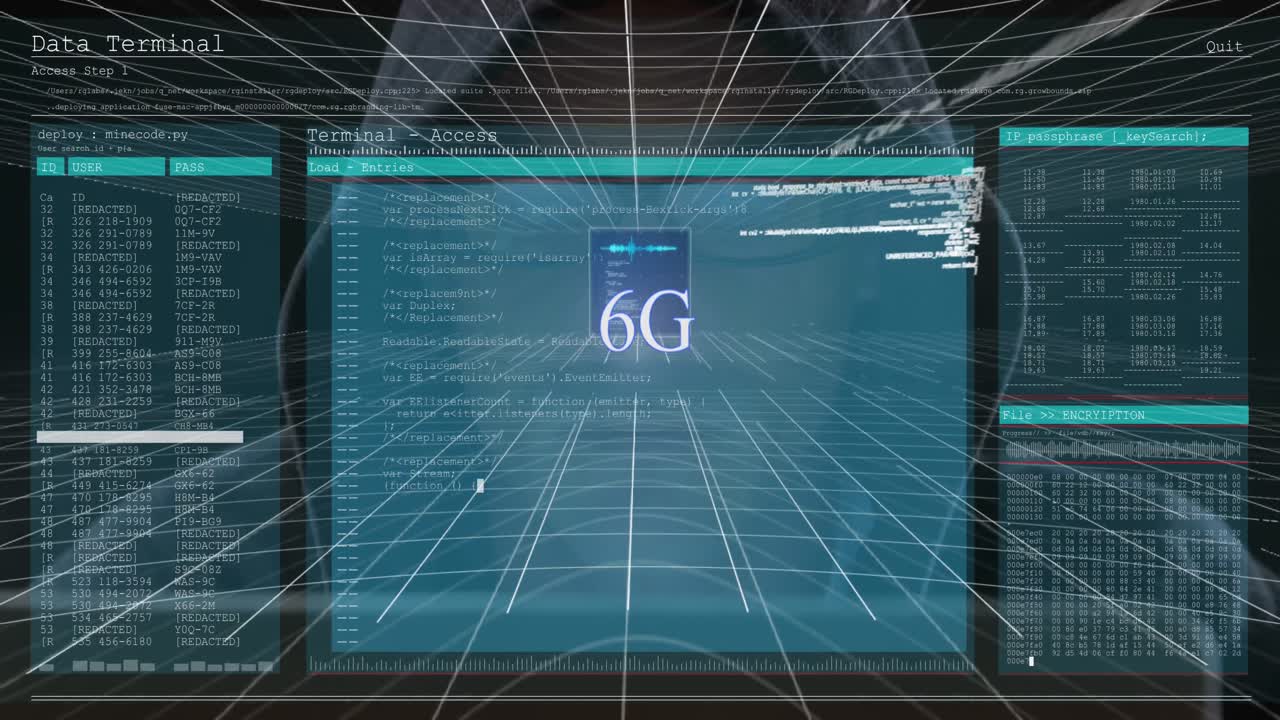 6g text over screen with data processing against male hacker using computer