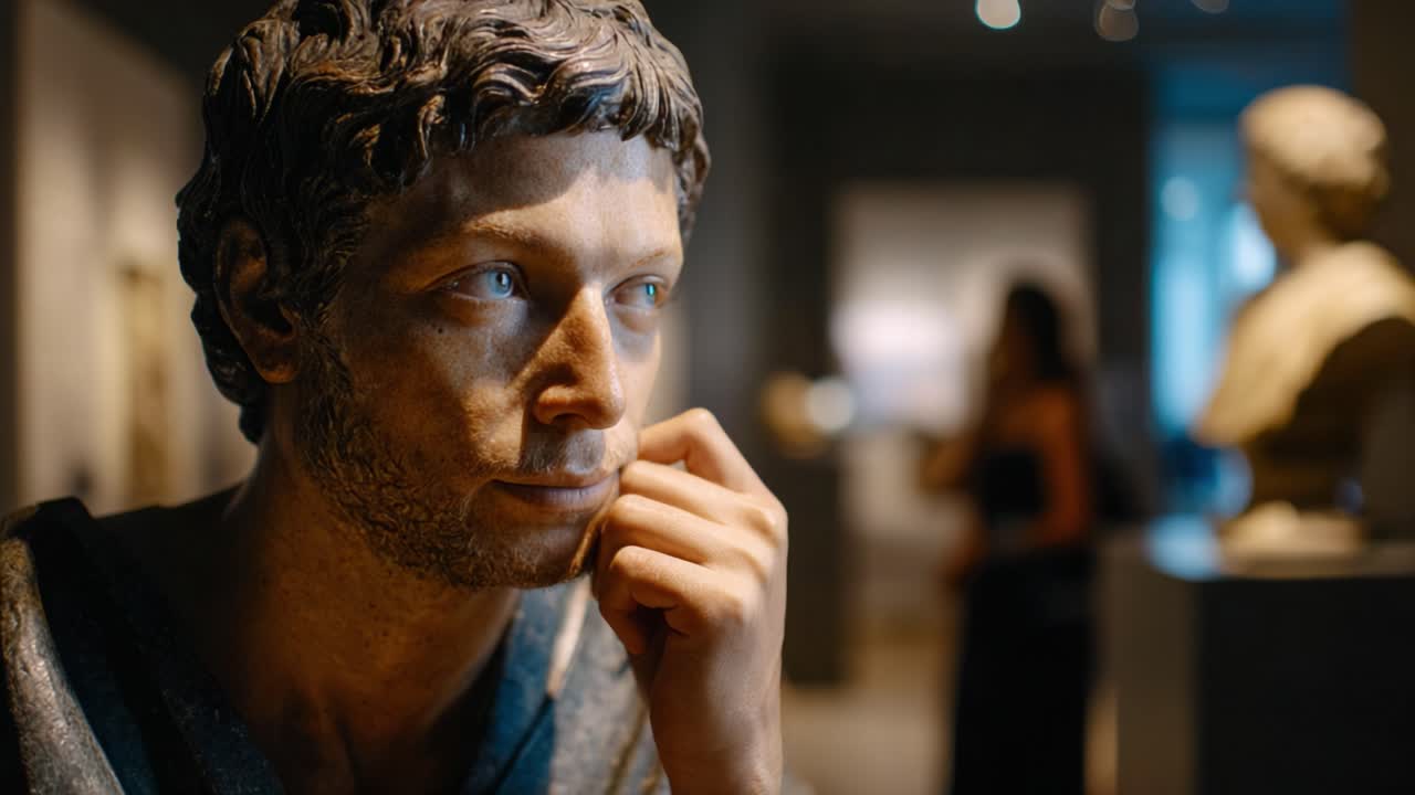 Una scultura di marmo pensierosa, catturata in un museo, che evidenzia i minuziosi dettagli del viso e l'atmosfera di uno spazio artistico.