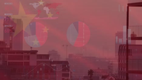 Animación-De-La-Bandera-De-China-Y-Procesamiento-De-Datos-Financieros-Sobre-El-Paisaje-Urbano.